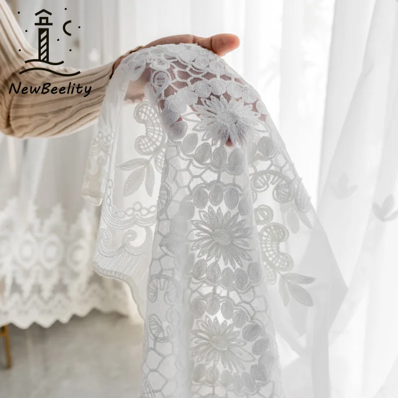 

European Style Three-leaf Clover White Embroidered Tulle Curtains for Living Room Bedroom Dining Modem Simple Nature Vertically