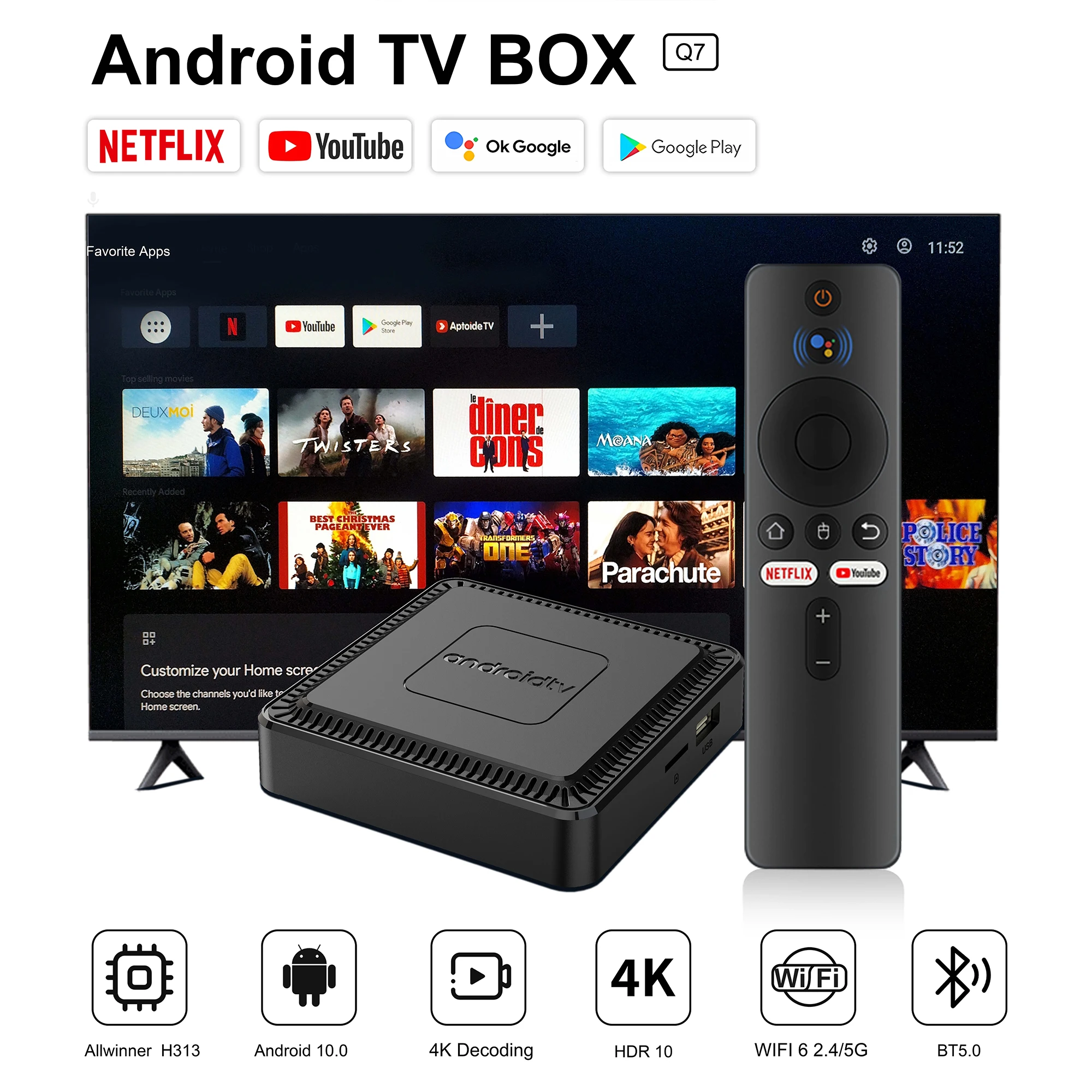 

Android TV Box Smart Home theater NetflixYouTube Q7 AllwinnerH313 4K HDR10 Wifi6 100M Lan Bluetooth Chromecast Streaming player