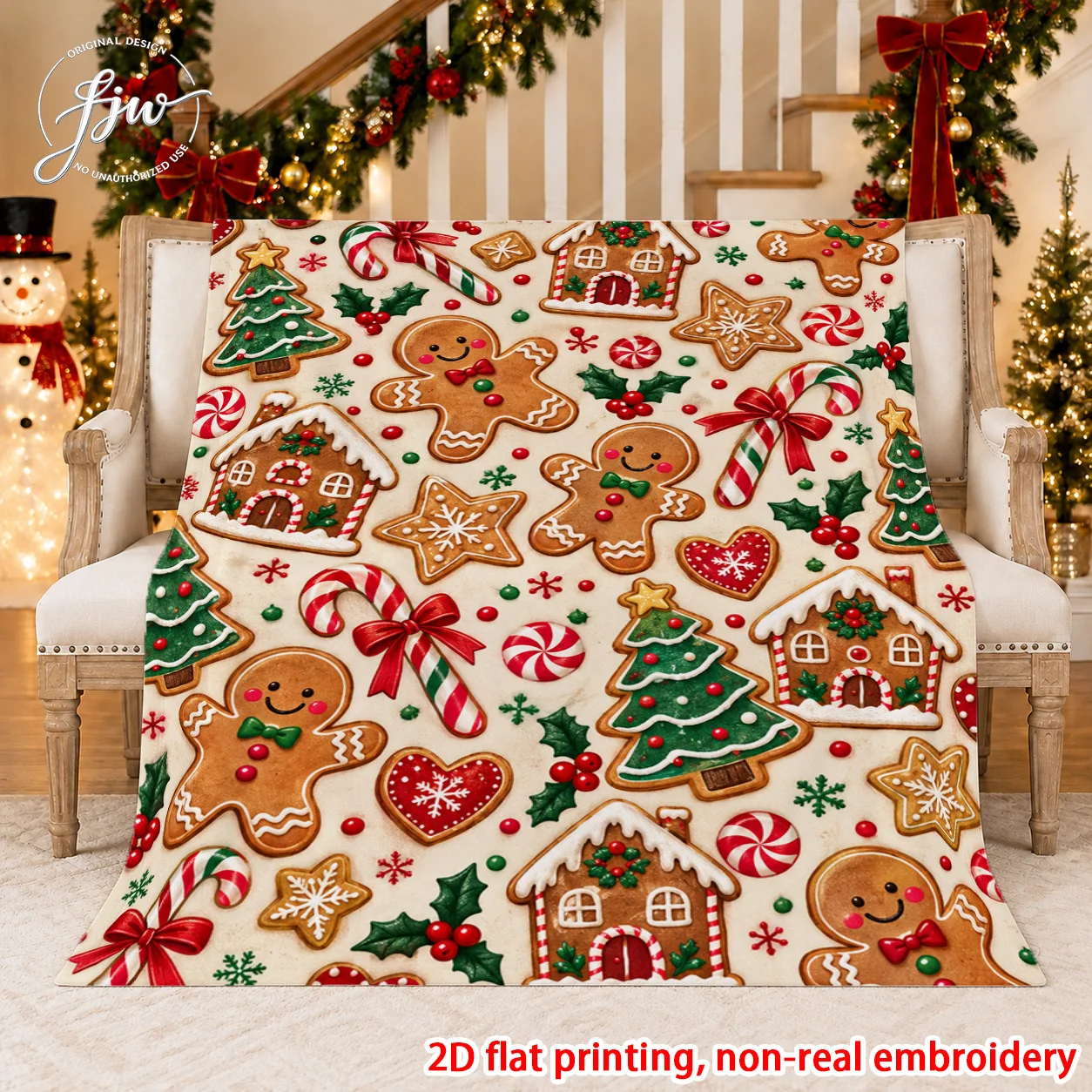 Gingerbread Christmas Flannel Blanket Gingerbread Man House Candy Cane Cookie Tree Holly Holiday Throw Blanket for Sofa Bed Couch Bedroom Living Room Winter Home Decor Seasonal Decoration Gift Cozy Nap Blanket Office Travel Festive Bedding Room Accent