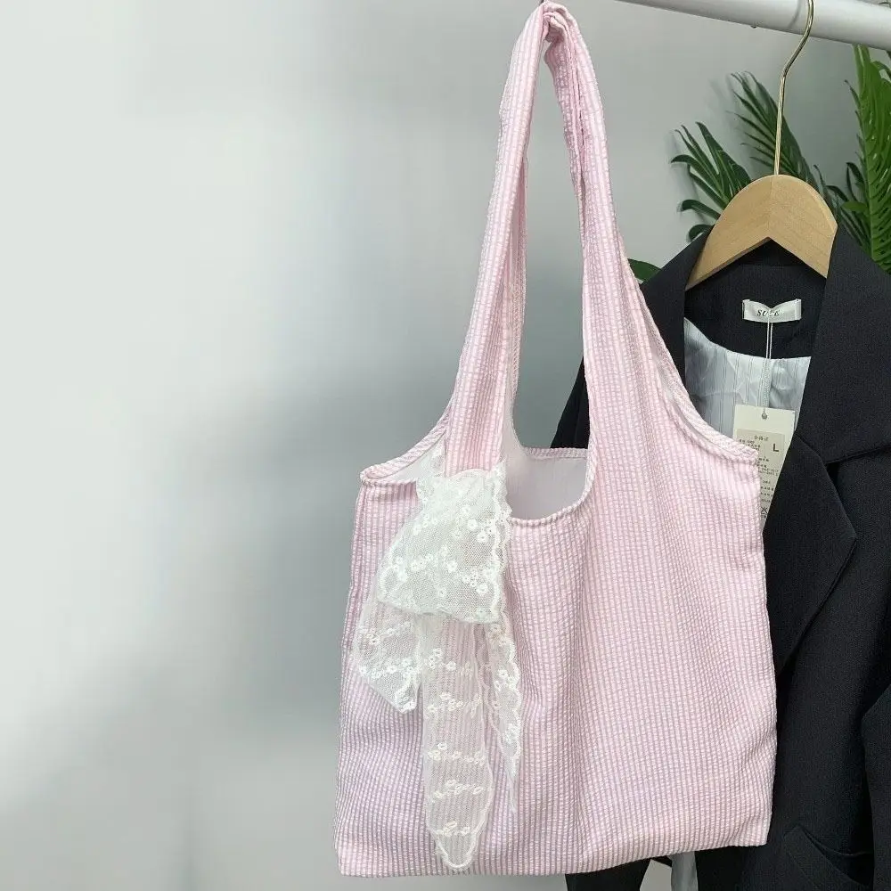 Tas Bahu Kanvas Bergaris Dengan Pita Renda Tas Hobo Kanvas Gaya Korea Tas Tote Warna Segar Tas Ketiak Kapasitas Besar