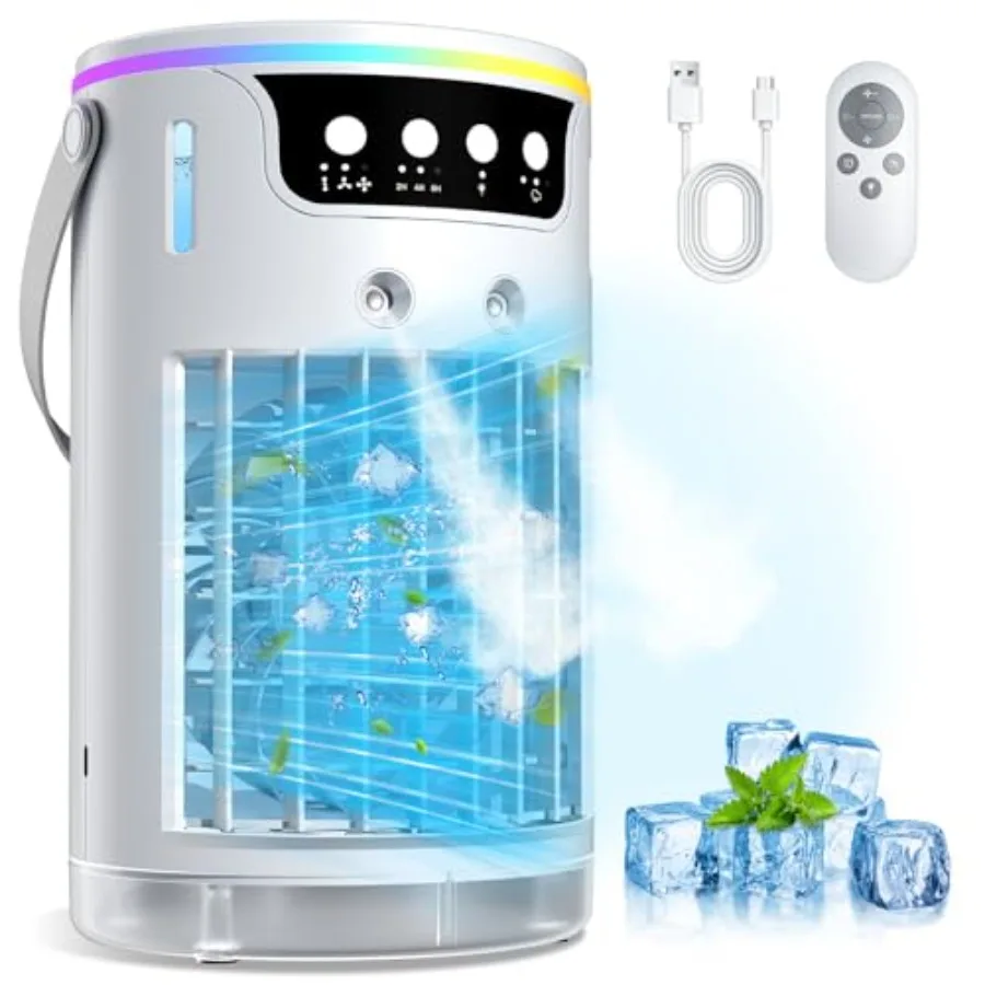 

Portable air conditioner for bedroom, home office desk, and car RV; evaporative cooler with 1200mL tank and ice cooling mist; w