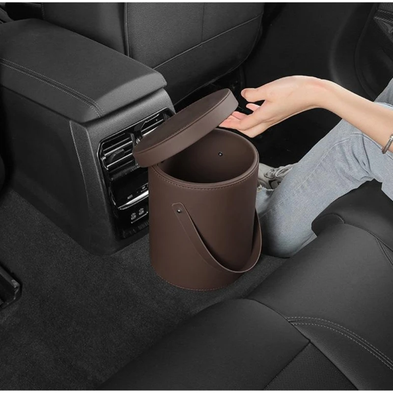 Car Trash Can with Fitted Lid, Leather-Covered Small Waste Bin for Daily Commutes, Family Drives, and Vehicle Travel H9EE