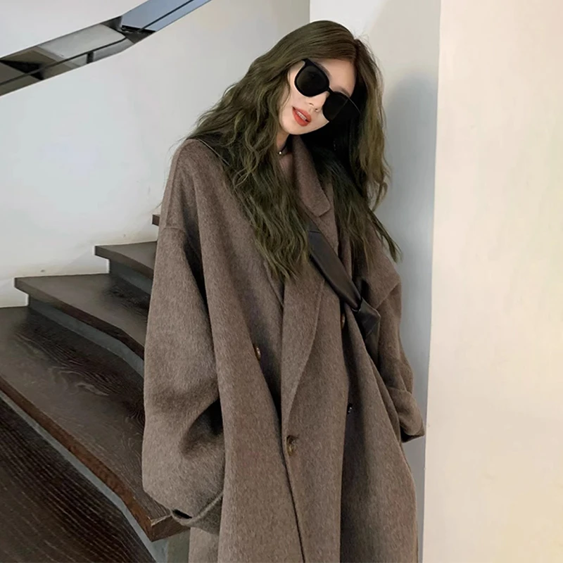 

Retro Double Breasted Long Wool Coat For Women 2024 Winter Turn-down Collar Casual Loose Chic Design Woolen Coats Female