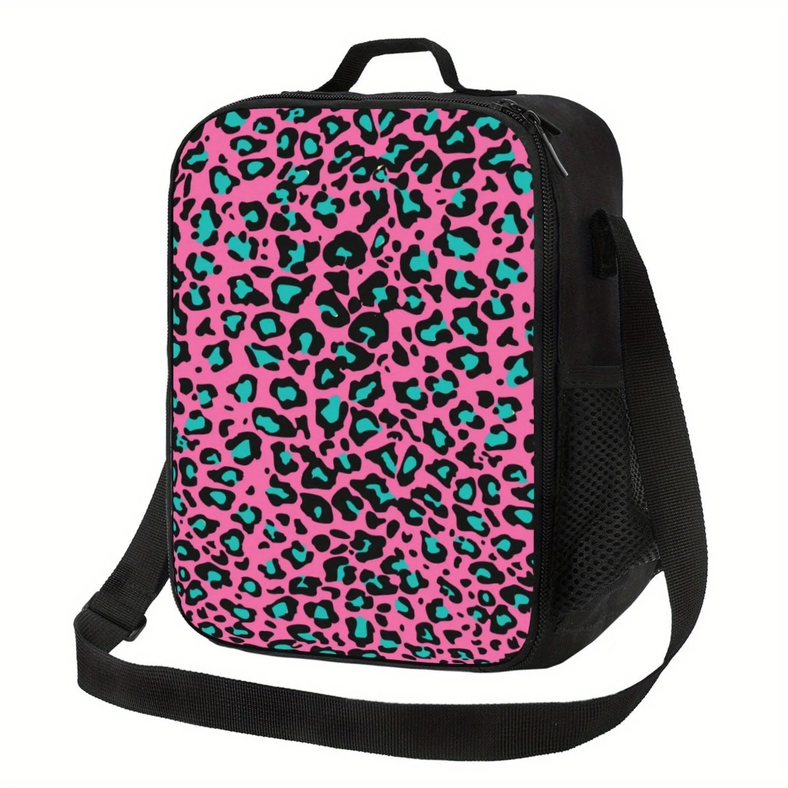 

Pink Teal Leopard Print Insulated Lunch Bag with Adjustable Strap for Work Travel Picnics