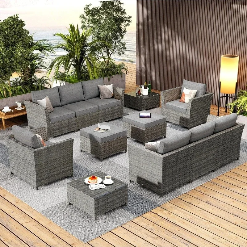 12 Pieces Outdoor Furniture Patio Sectional Sofa Couch Gray PE Wicker Conversation Sets