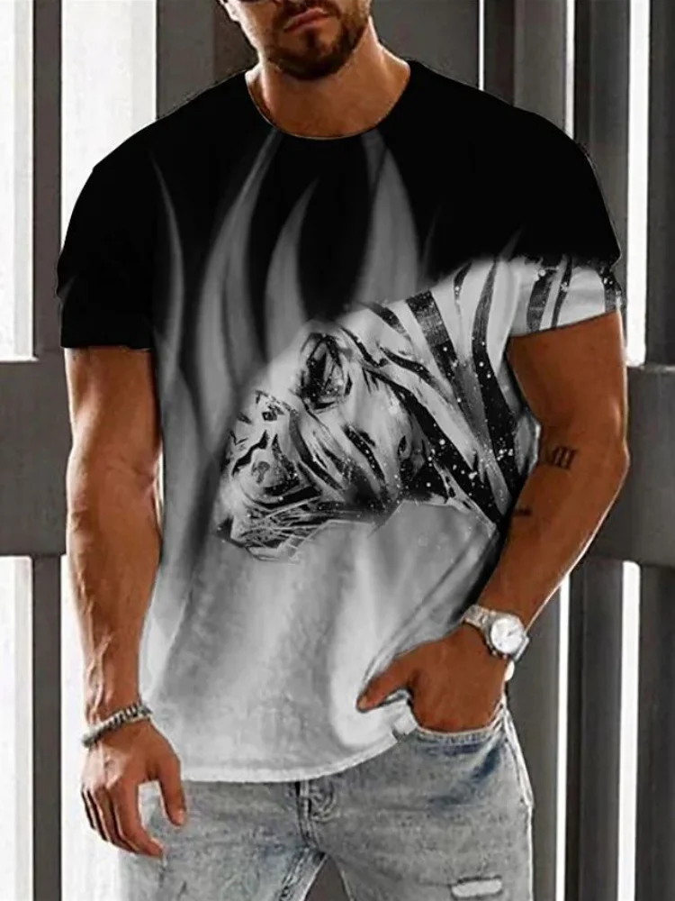 Vintage 3D Tiger Lion T Shirt Men Summer Fashion Short Sleeve Street Print Animal O-Neck T-Shirt Cool Tops Tees Men's Clothing