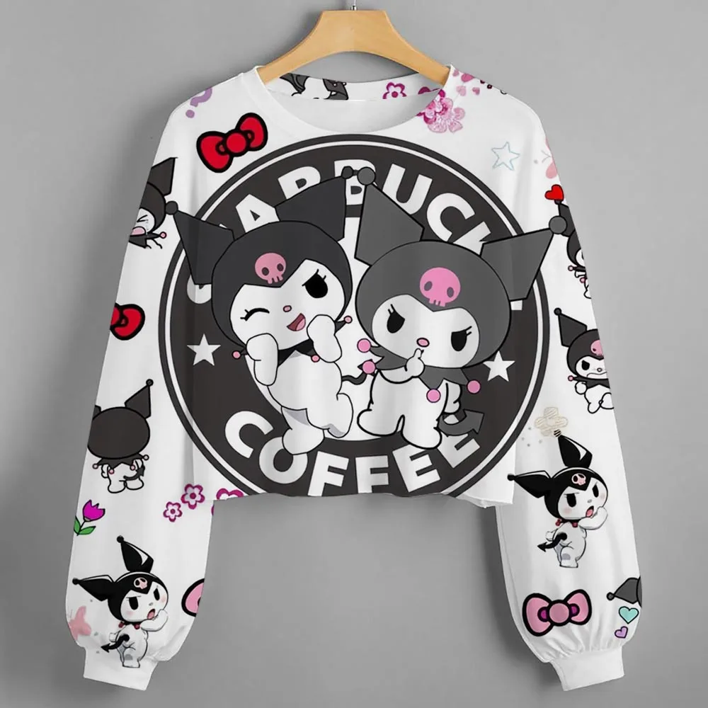 هوديي نسائي عصري مع قطع طباعة Hello Kitty/Kurumi مخصصة، بلوزة قصيرة جدًا بأكمام طويلة، ص جديد للأطفال في الخريف