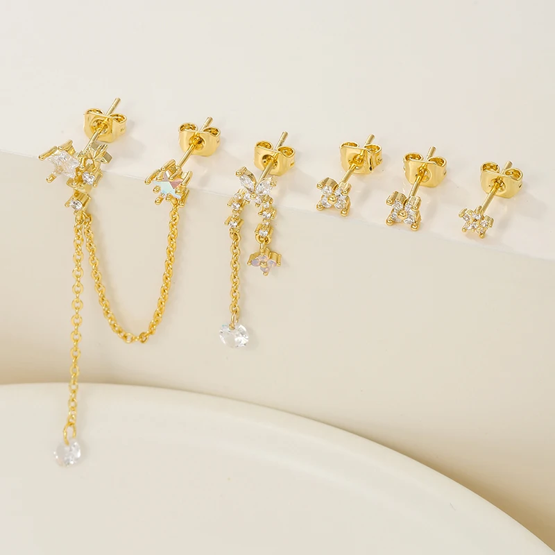 5 قطعة فاخرة مطلية بالذهب ستار سلسلة استرخى أقراط للنساء تشيكوسلوفاكيا زركونيا ثقب وأقراط امرأة مجوهرات الأزياء بالجملة