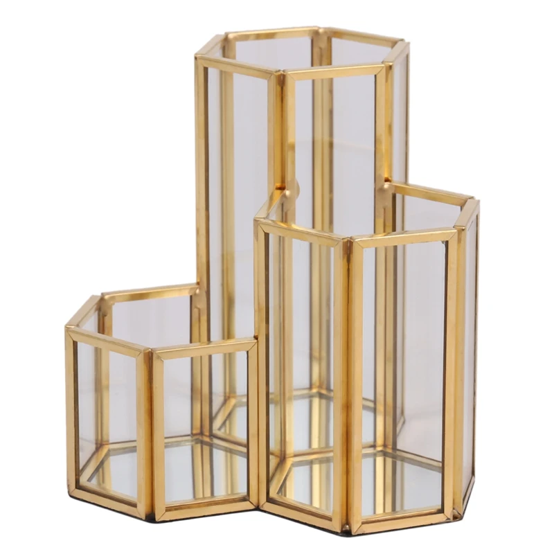 Glass Copper Hexagon Composite Pen Holder Makeup Brush Glass Box Multifunction Desktop Organizer Office Accessories