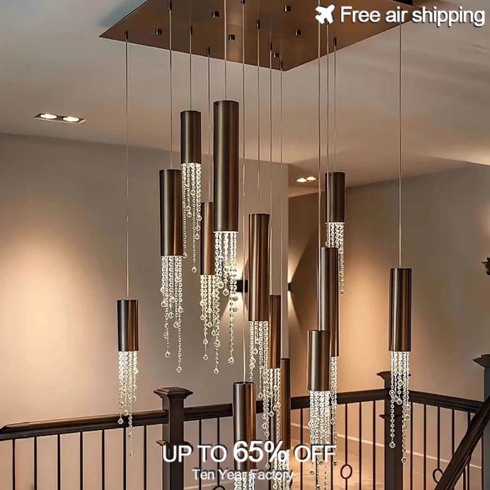 

Modern Nordic Gold Chrome Metal with Crystals Pendant Light Suspension Luminaire for Staircase Villa Living Room Home Decoration