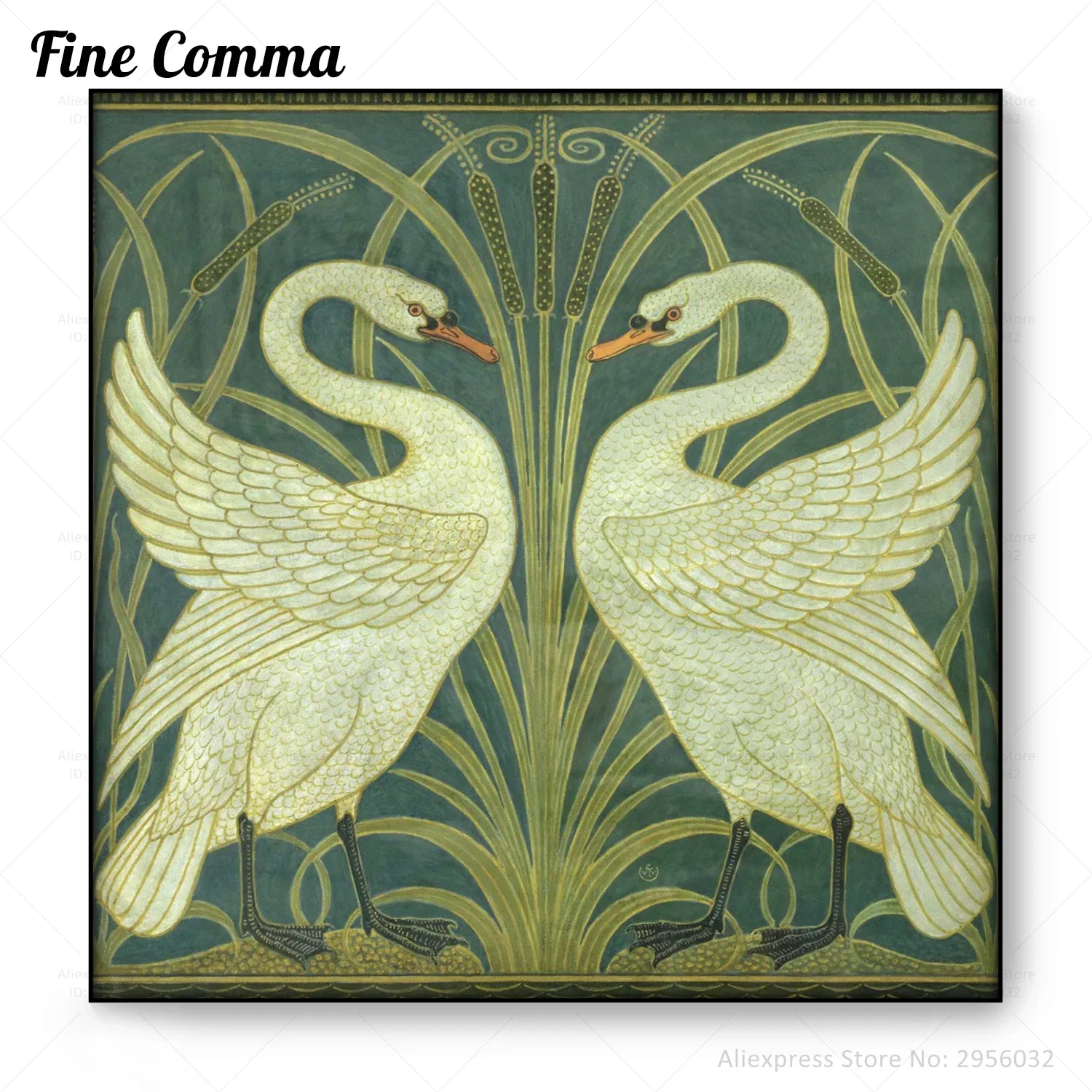 Vintage Plakat Łabędzie Canvas Print Wall Art Walter Crane Vintage Bird Swan Painting Antique Bird Cattails Art Nouveau Picture