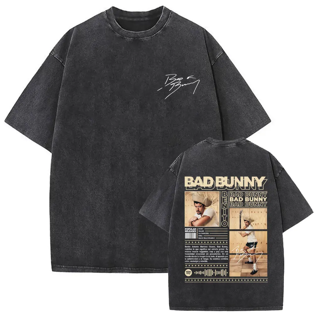 

Rapper Bad Bunny Vintage Washed T Shirts Debi Tirar Mas Fotos DTMF Merch T-shirt Men Women Hip Hop Fashion High Quality T-shirts