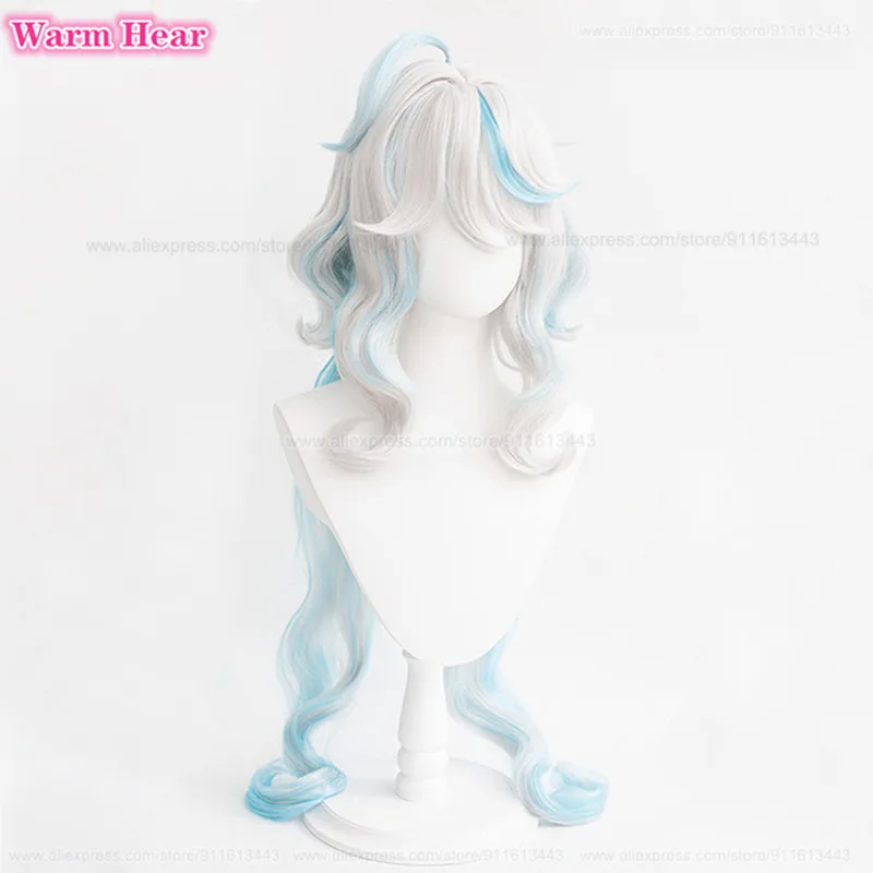 Fontain Furina Synthetic Wig Anime Long 100cm Cruly Silver White Blue Focalors Cosplay Anime Wigs Heat Resistant Wig + A Wig Cap