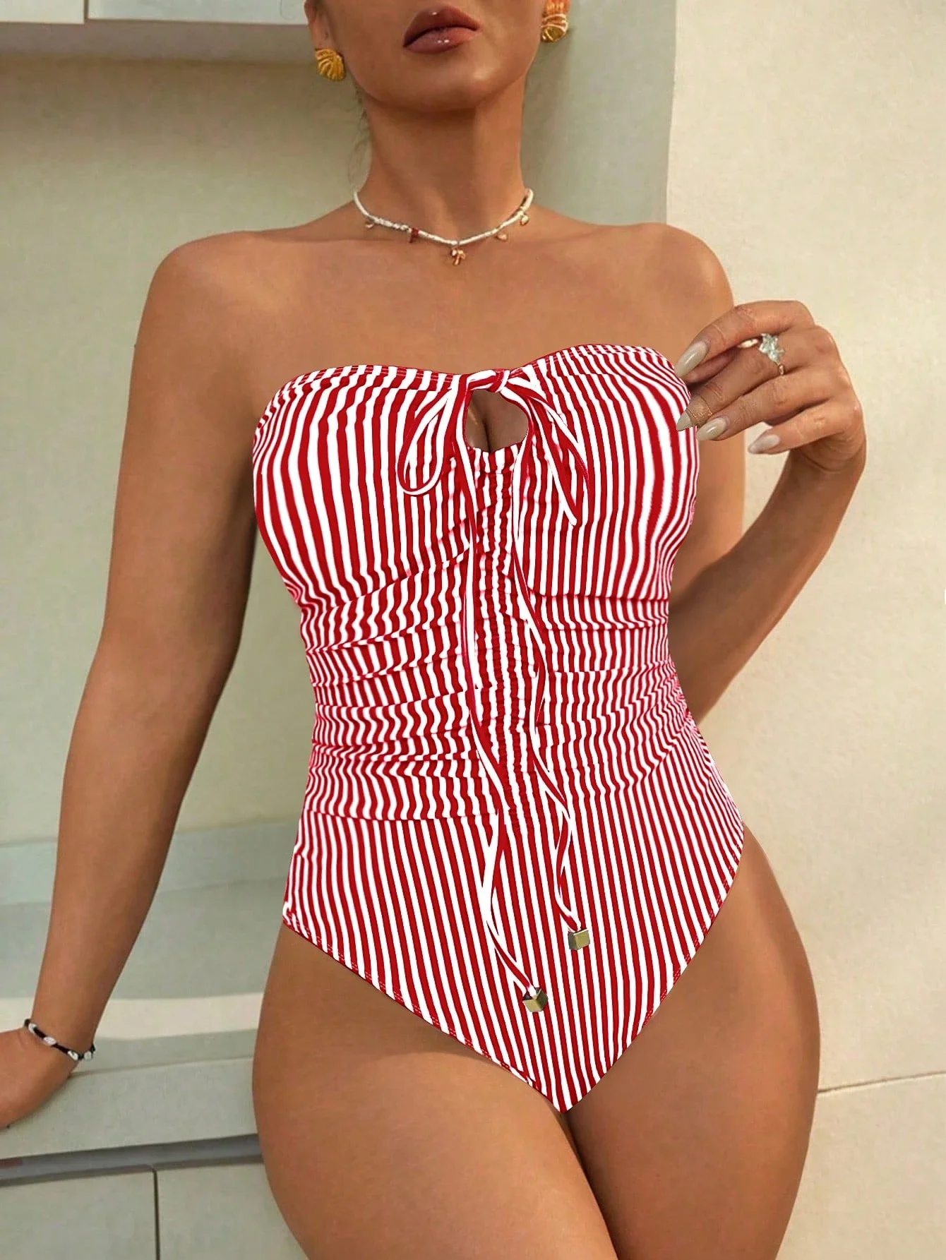 Red And White Striped Ruched Tie-Up One Piece Swimsuit For Women
