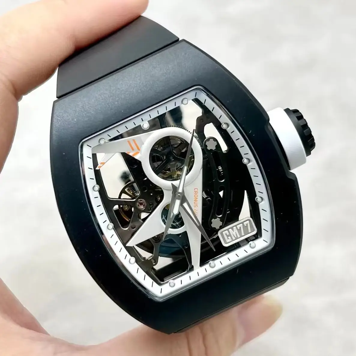 CRONUSART Men Automatic Watch Tonneau Mechanical Wristwatch Sapphire Mirror Luminous Fluororubber Strap Skeleton Aviator Dial