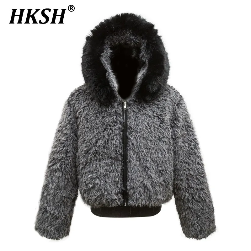 HKSH Trendy Brand 2024 Winter New Men's Tide Dark Wool Collar Lamb Fleece Cotton Jacket Velvet Zipper Hooded Padded Coats HK3502