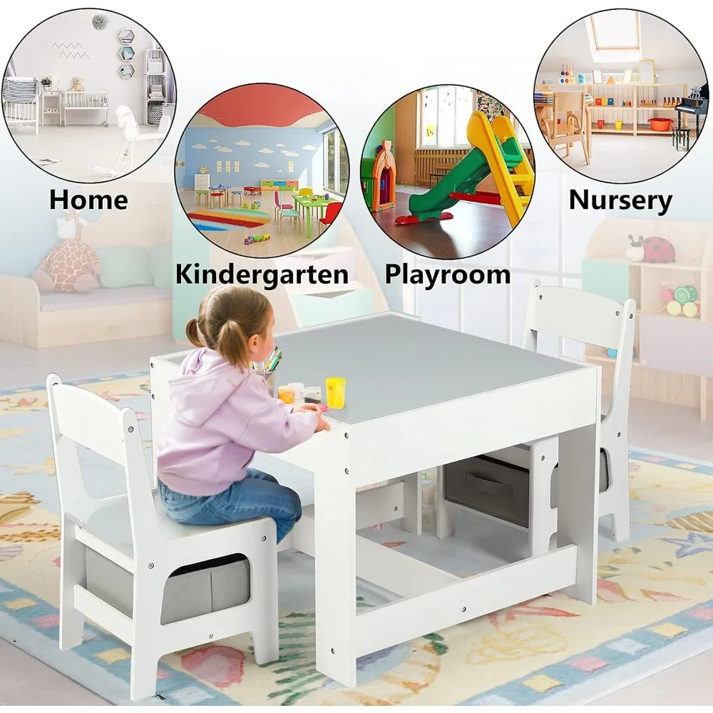 Mesa de madeira infantil e 2 cadeiras, 3 em 1 mesa de atividades infantis, mesa removível, quadro-negro, conjunto de móveis para criança