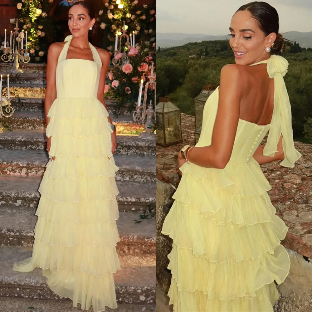 

Customized Modern Sleeveless Halter Evening Dress Exquisite Chiffon Prom Dresses Delicate Sweep Train Special Occasion Gowns