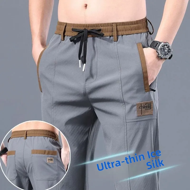 

New 2026 Men's Ice Silk Thin Casual Pants Summer Workwear Loose Straight Legwear Wear Resistant Dirt Proof Long Trousers