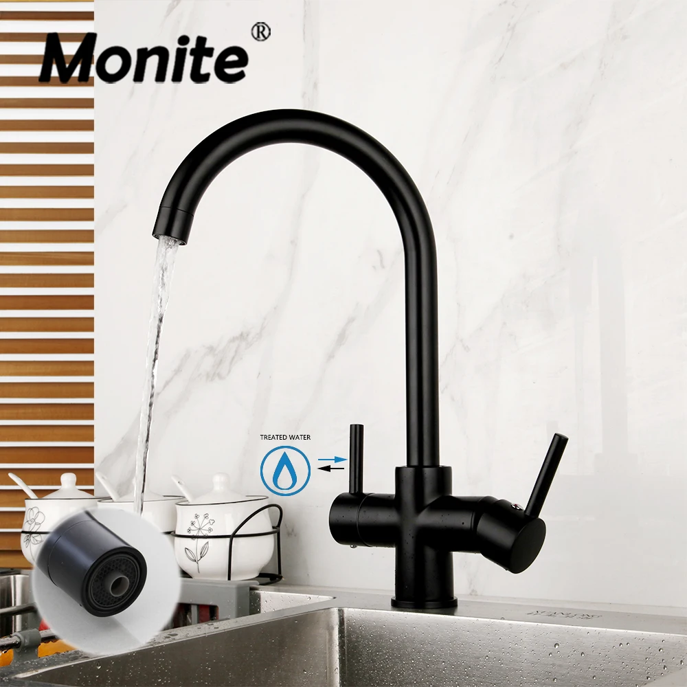 

Monite Matte Black Kitchen Faucet Dual Handles 360 Rotated Vessel Basin Torneira Purity Drinking Filter Sink Water Mixer Tap