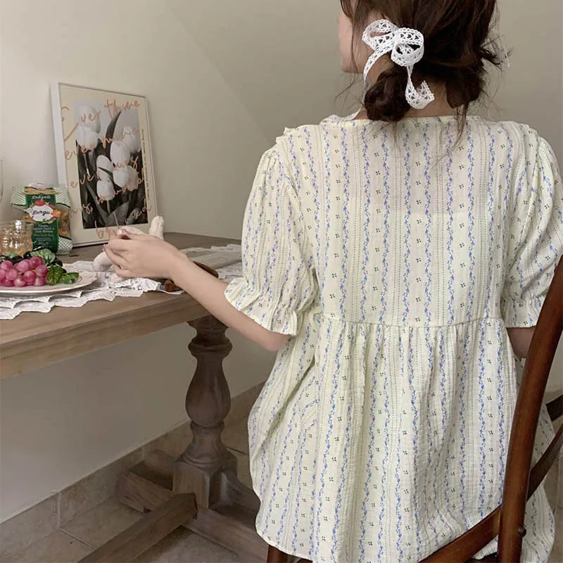 Ruffles Women Pajamas Sets for Home Summer Print Sleepwear Shorts Sleeve Bow 2 Pieces Button Night Wears Korean Home Suit 2024