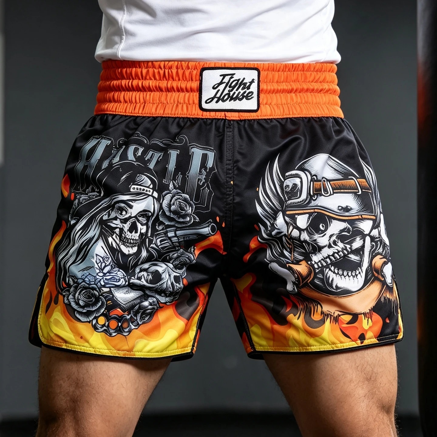 Fight House Orange Flame Skull Muay Thai Shorts, MMA Training Pants, Fighting Gym Training Pants, Boxing Pants