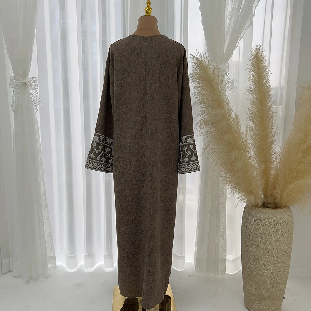 2025 Eid Bordado Modesto Linho Fechado Abaya Femmes Robe Musulmane Dubai Abaya Mulheres Vestido Muçulmano