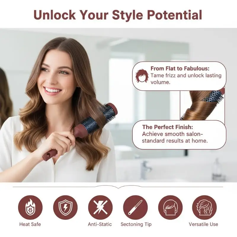 Salon Grade Round Hair Brush Long Handle Heat Resistant Aluminum Tube Hairdressing Comb for All Hair Types Styling