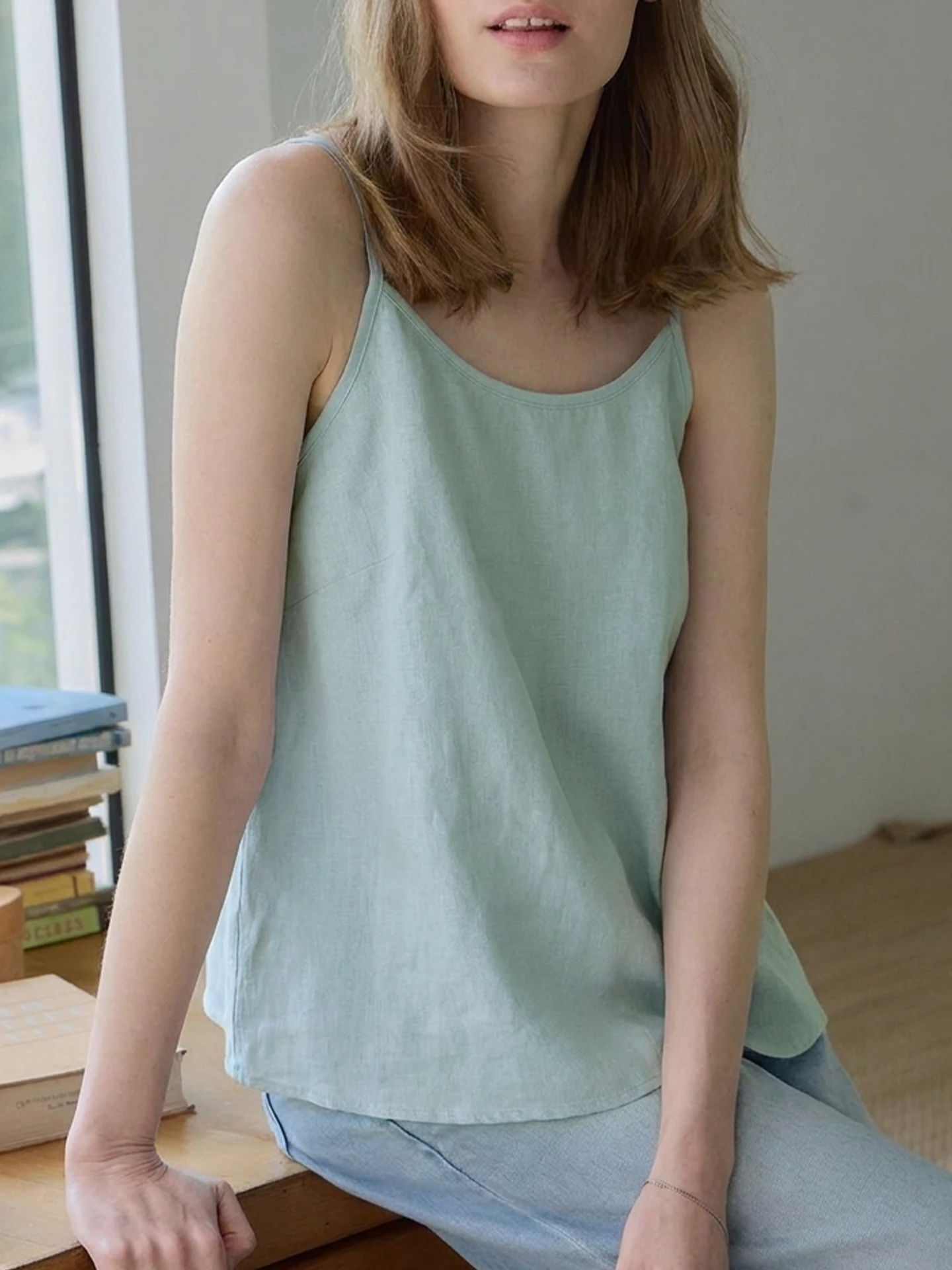 Pure Hanflax Women's Tank Top Breathable Cool Sensation High End Linen Material Simple Commute Top with Chest Pad