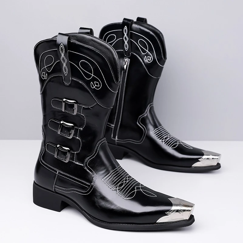 

Мужские высокие сапоги из искусственной кожи с острым носком и вышивкой, ковбойские рыцарские сапоги в стиле вестерн, модные мужские ботинки, размеры 38-46