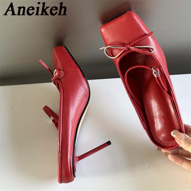 Aneikeh Sexy Square head Thin Heels Wedding Banquet Dress Mule Ladies Shoes 2024 Designer Bowknot Buckle Strap Pumps Women