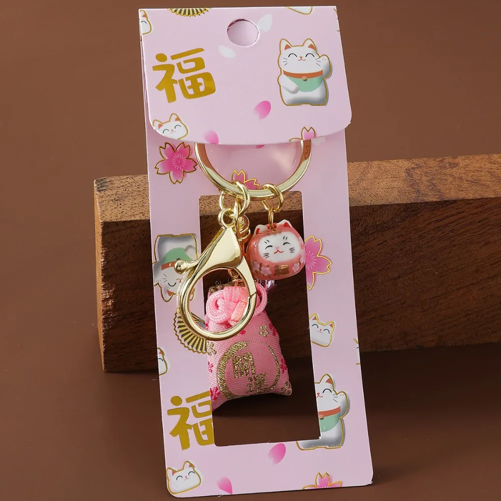 Bag Charm Maneki-neko Keychain Hanging Ornament Japanese-style Luck Cat Pandent Seven-color With Bell Lucky Omamori Keyring