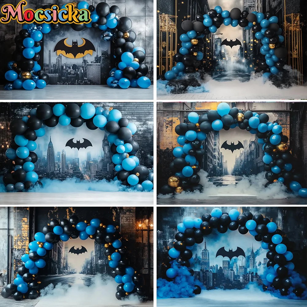 Mocsicka بنين 1st حفلة عيد ميلاد التصوير خلفية أزرق أسود قوس بالون مدينة الخفافيش خلفية الاطفال كعكة سحق استوديو الصور