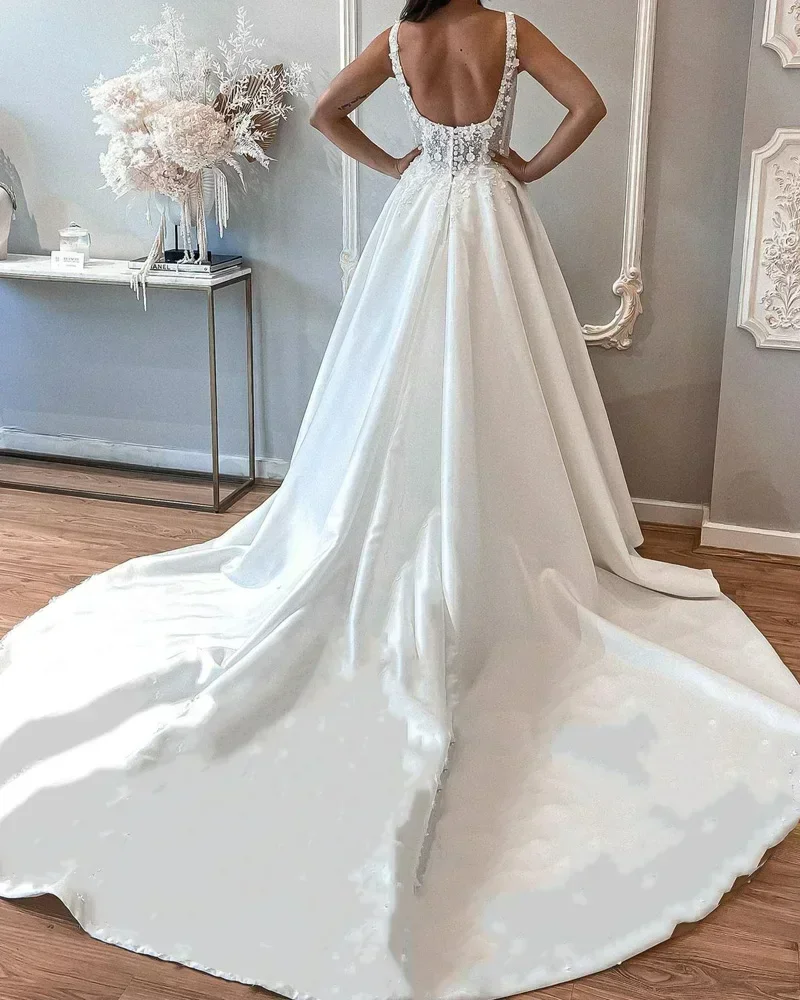 تخصيص السباغيتي حزام 3D الأزهار يزين حورية البحر فستان الزفاف رداء دي ماري ذيل شابيل رسمي عارية الذراعين فستان زفاف