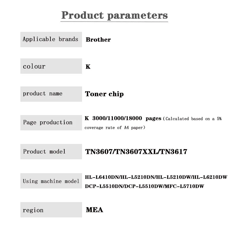 TN3607 TN3617 Ela Chip Toner untuk saudara HL-L6410DN HL-L5210DN r HL-L5210DW HL-L6210DW DCP-L5510DN MFC-L5710DW DCP-L5510DW