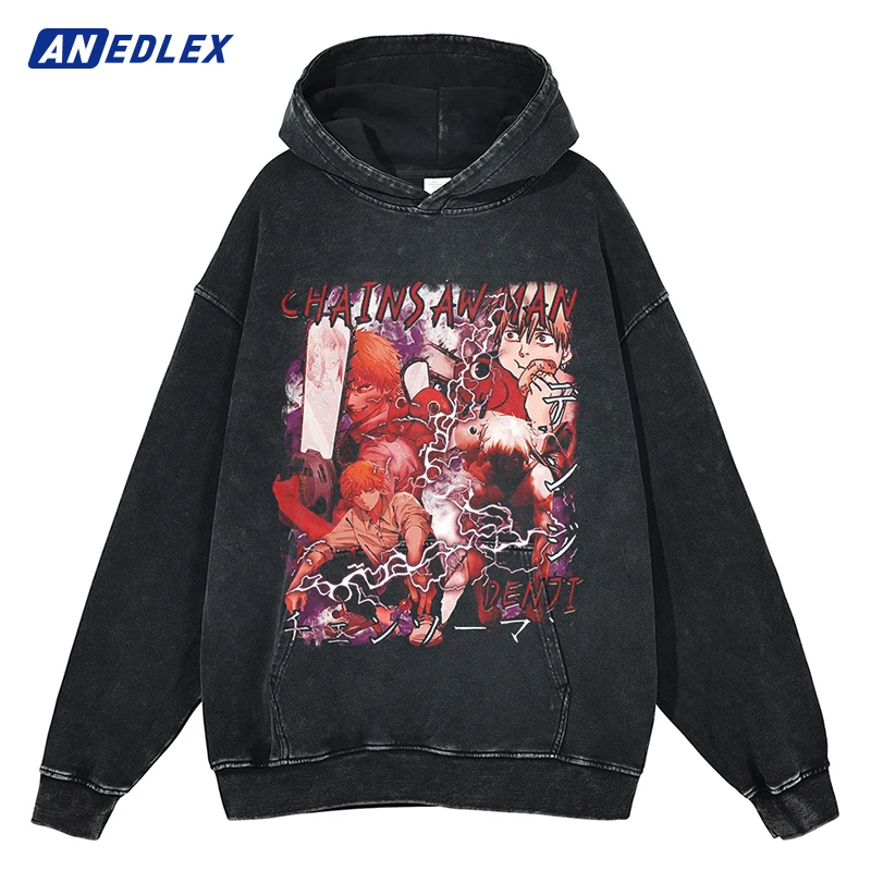 

Men Hoodie Sweatshirt Hip Hop Streetwear Japan Anime Graphic Print Hooded Pullover Cotton Harajuku Vintage Washed Black Hoodie