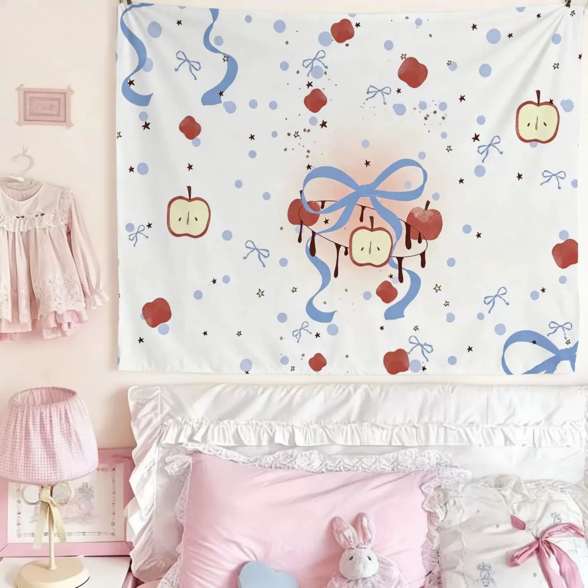 Kawaii Apple White Dog Tapestry Blue Ribbon Bow Gingham Print Wall Hanging Pastel Star Girls Bedroom Dorm Background Cloth