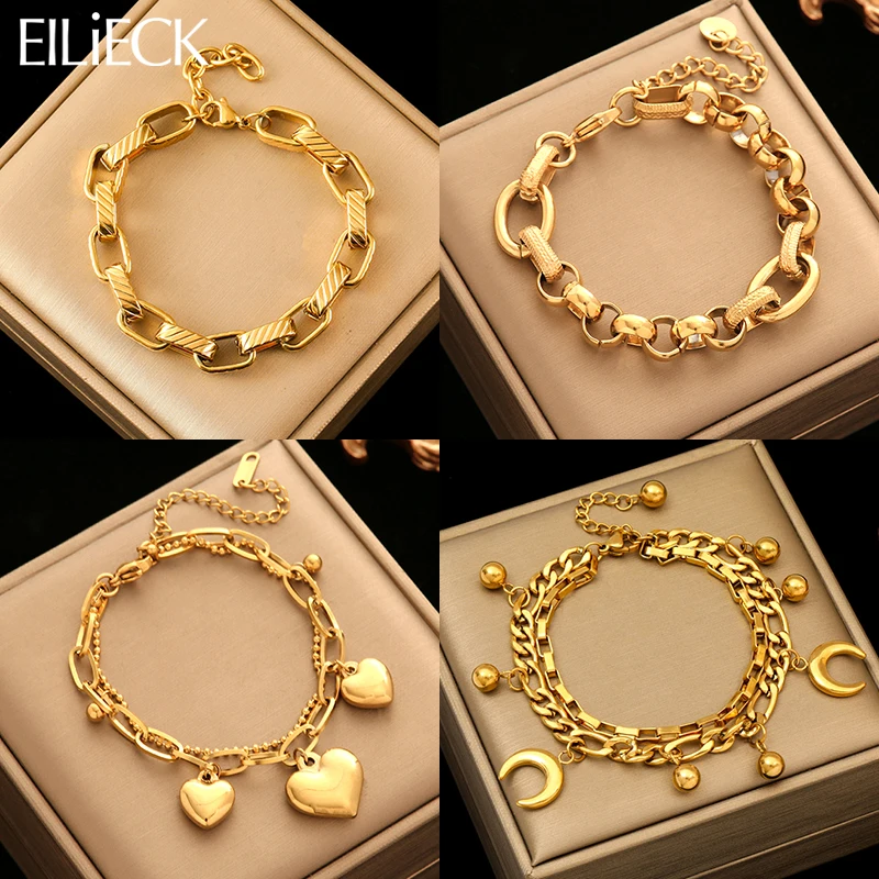 EILIECK 316L Stainless Steel Gold Color Bangles Bracelet For Women New Trendy Wrist Chain Waterproof Jewelry Gift Party Bijoux