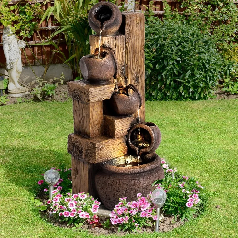 

5-Tiers Outdoor Indoor Fountains Modern Resin Floor-Standing Cascading Water Feature Fountain with LED Lights,Garden Deck Patio