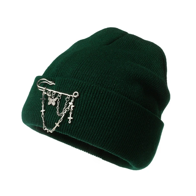 Women's Solid Color Beanie Hats With Butterfly Chain Pin Fashon Hip-hop Style Knitted Hats Cap Streetwear Warm Hat Girls