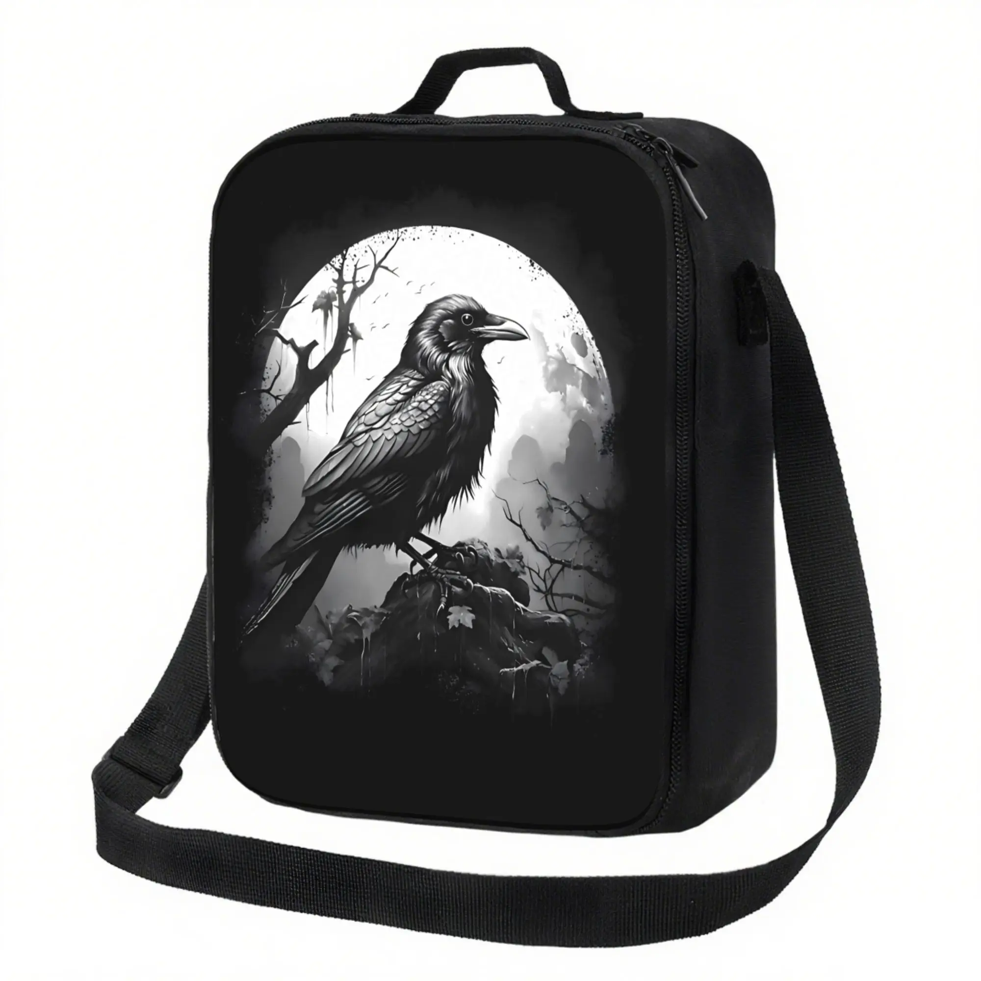Raven Moon Print Portable Lunch Bag 600D Oxford Fabric Insulated for Picnic Office Travel