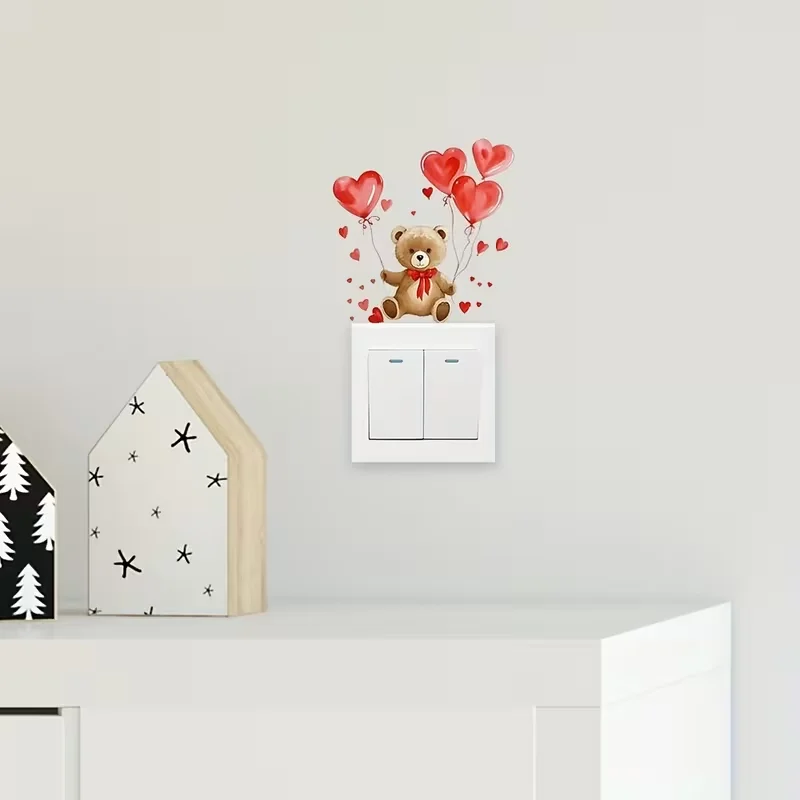 Valentine's Day Romantic Bear and Heart-Shaped Balloon Light Switch Sticker – Waterproof, Removable PVC Sticker for Living Room,