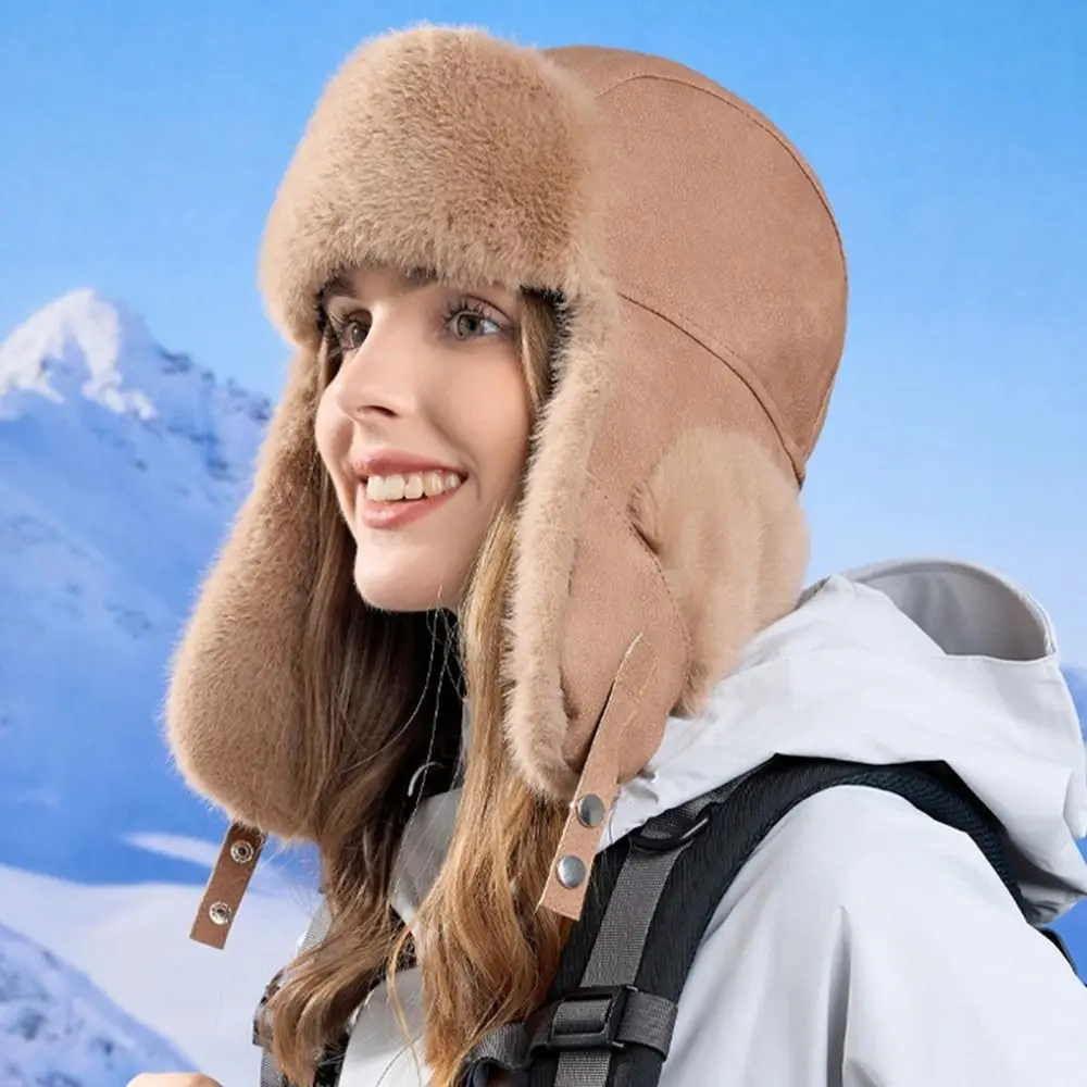 Casual Windproof Faux Fur Pilot Cap Thickened Outdoor Winter Earflap Hat Warm Fluffy Ski Pullover Cap Outdoor