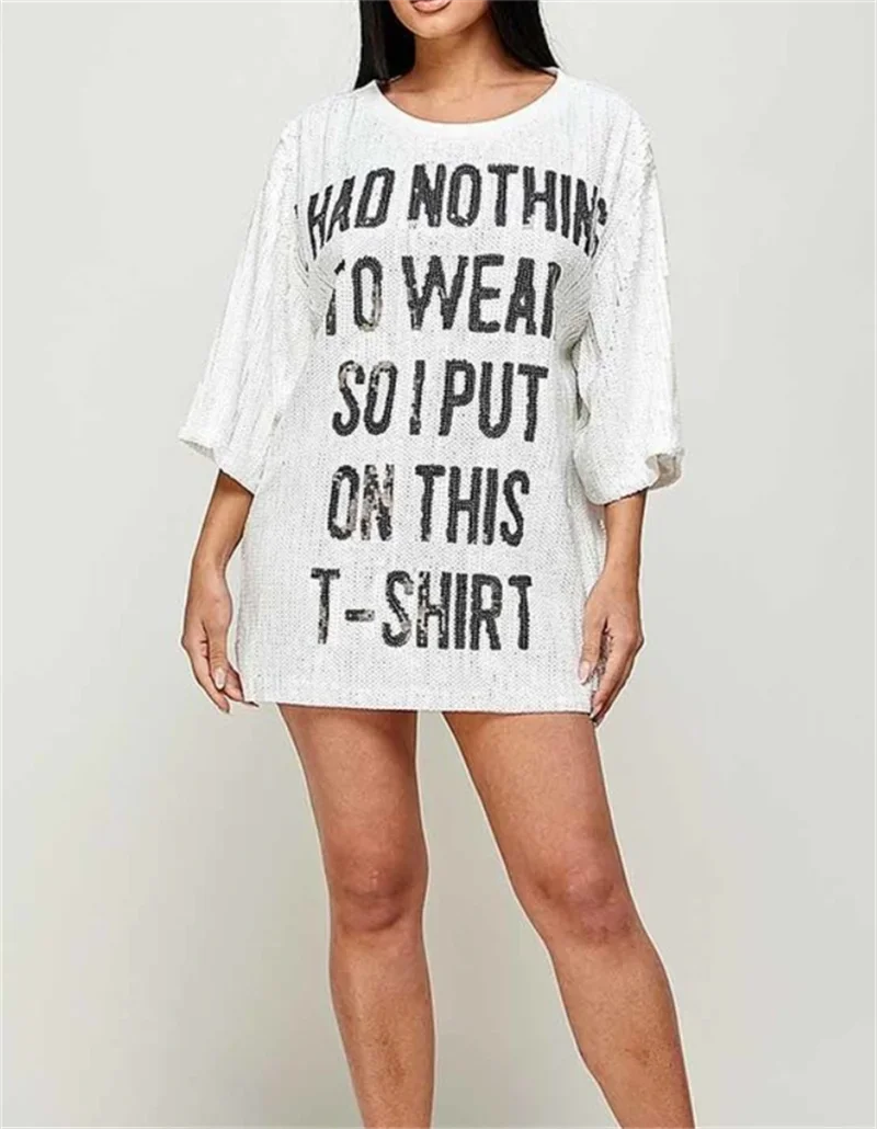 

2026 Women's Summer New Streetwear Hip Hop High Quality T-Shirt Loose Short Sleeved Round Neck Night Club Letter Sequined Top