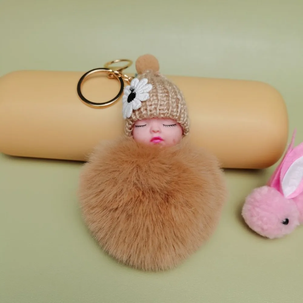Cute Pompom Sleeping Baby Keychain Fluffy Plush Doll Fur Ball Car Key Ring Gift Bag Pendant Women Girl
