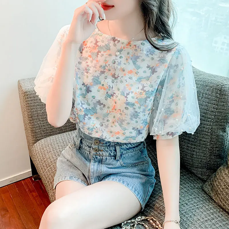 Zomer Nieuwe Gebloemde Korte Mouwen Chiffon Blouse Sweet Patchwork Print Losse Mode Shirt Tops Temperament Trend Dameskleding