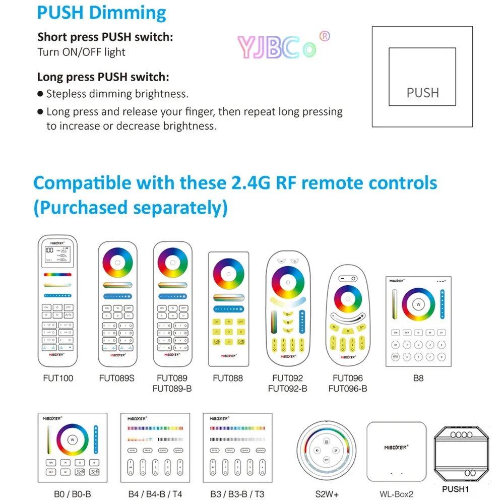 Imagem -05 - Controlador Led Wifi Cor Única Branco Duplo Rgb Rgbw Rgb Mais Cct Remoto Bluetooth Dimmer Push 12v48v 30a 2.4g Miboxer5 in