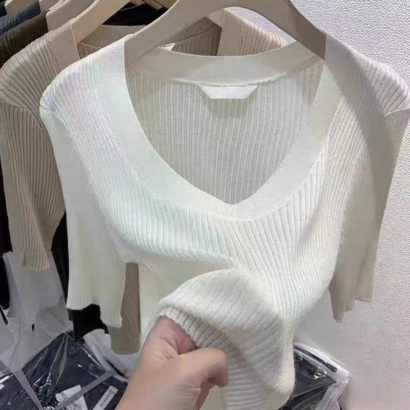 Women\'s T-shirts Knit Top Short Sleeve Black White Knitted Casual Tees Summer Clothes 2024 Basic Tshirts Tee Shirt Femme Tops