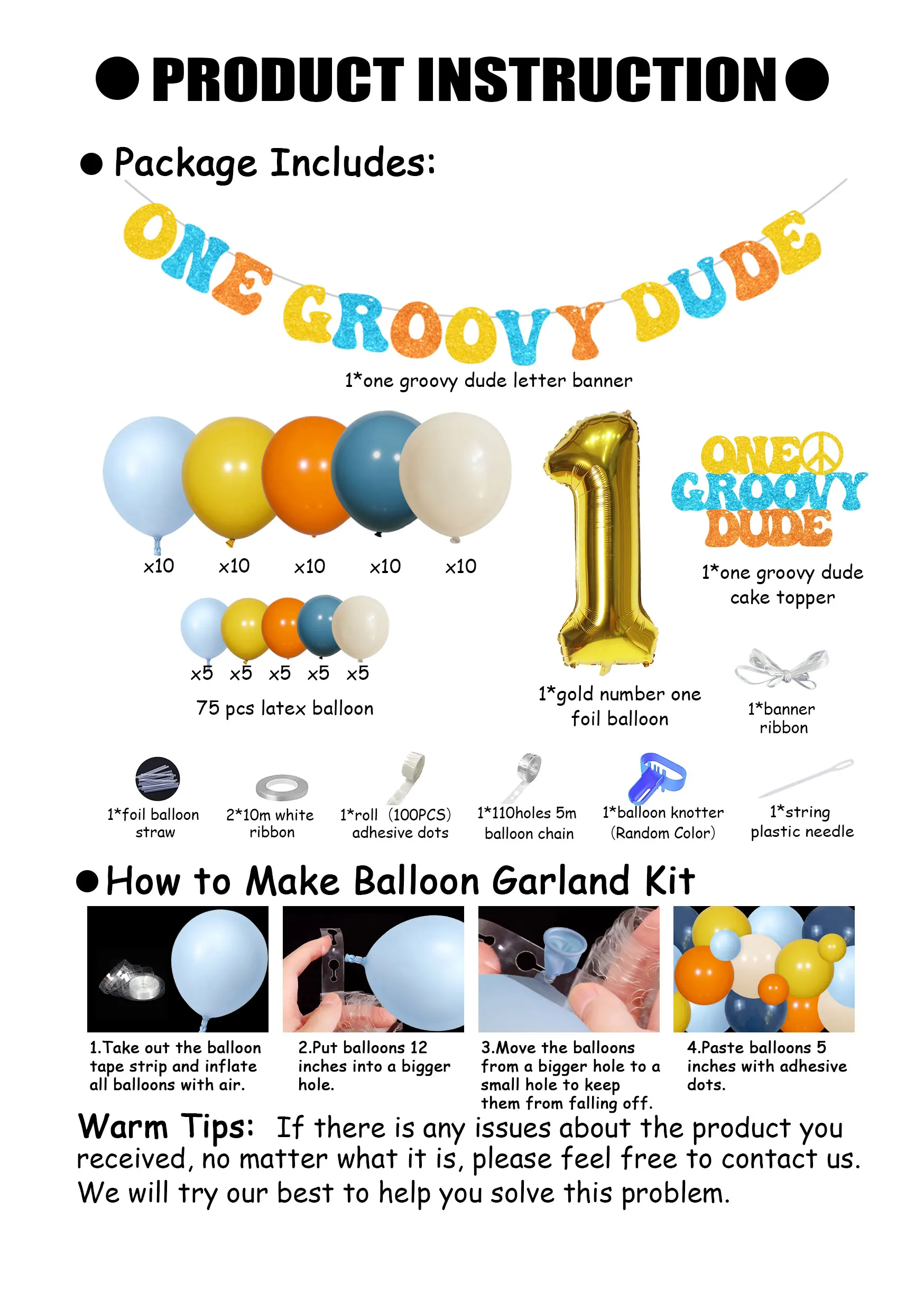 One Groovy Dude Birthday Decor Balloon Garland Arch Kit Cake Topper for Baby Boy Girl First Birthday Party Supplies