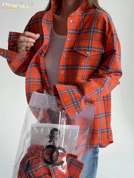 Clacive Mode lose karierte Frauen bluse elegante Revers Langarm hemden Vintage Overs ize Einreiher Top weiblich